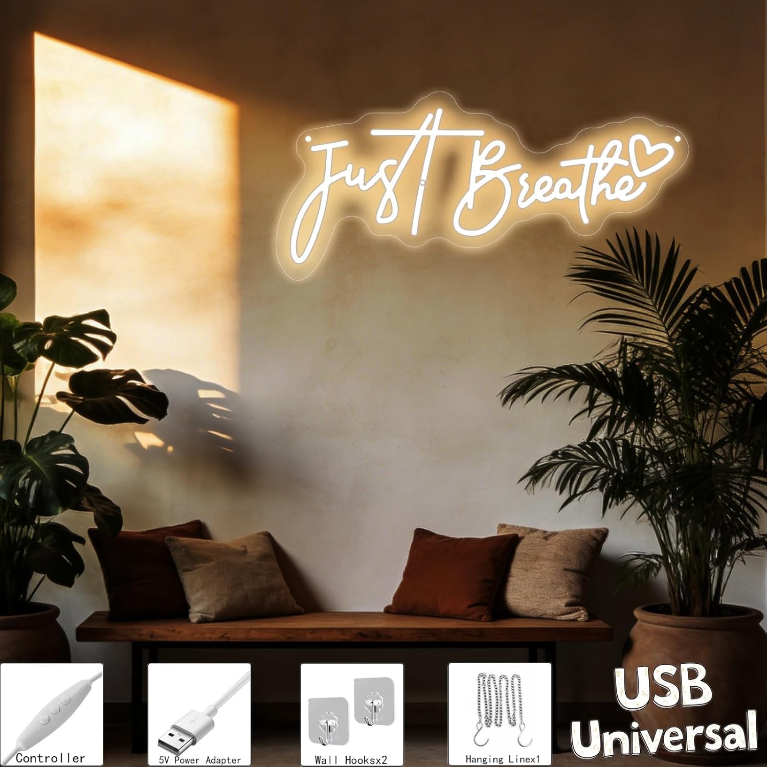 Letreiro Neon 'Just Breathe' c - Pilates Yoga Room avaliação e preço